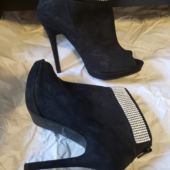 Black Rhinestone Suede Open Toe Booties - Picture 2 of 4